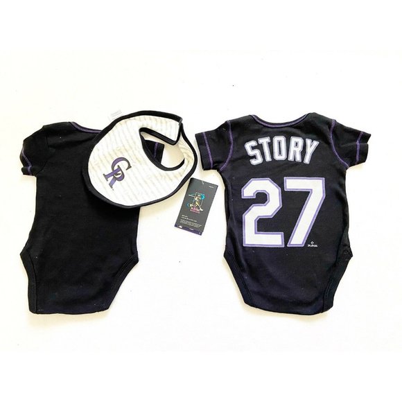 2pk NWT MLB Colorado Rockies Short Sleeve Baby's  Bodysuit 0-3M with Bib, Black - Picture 2 of 4